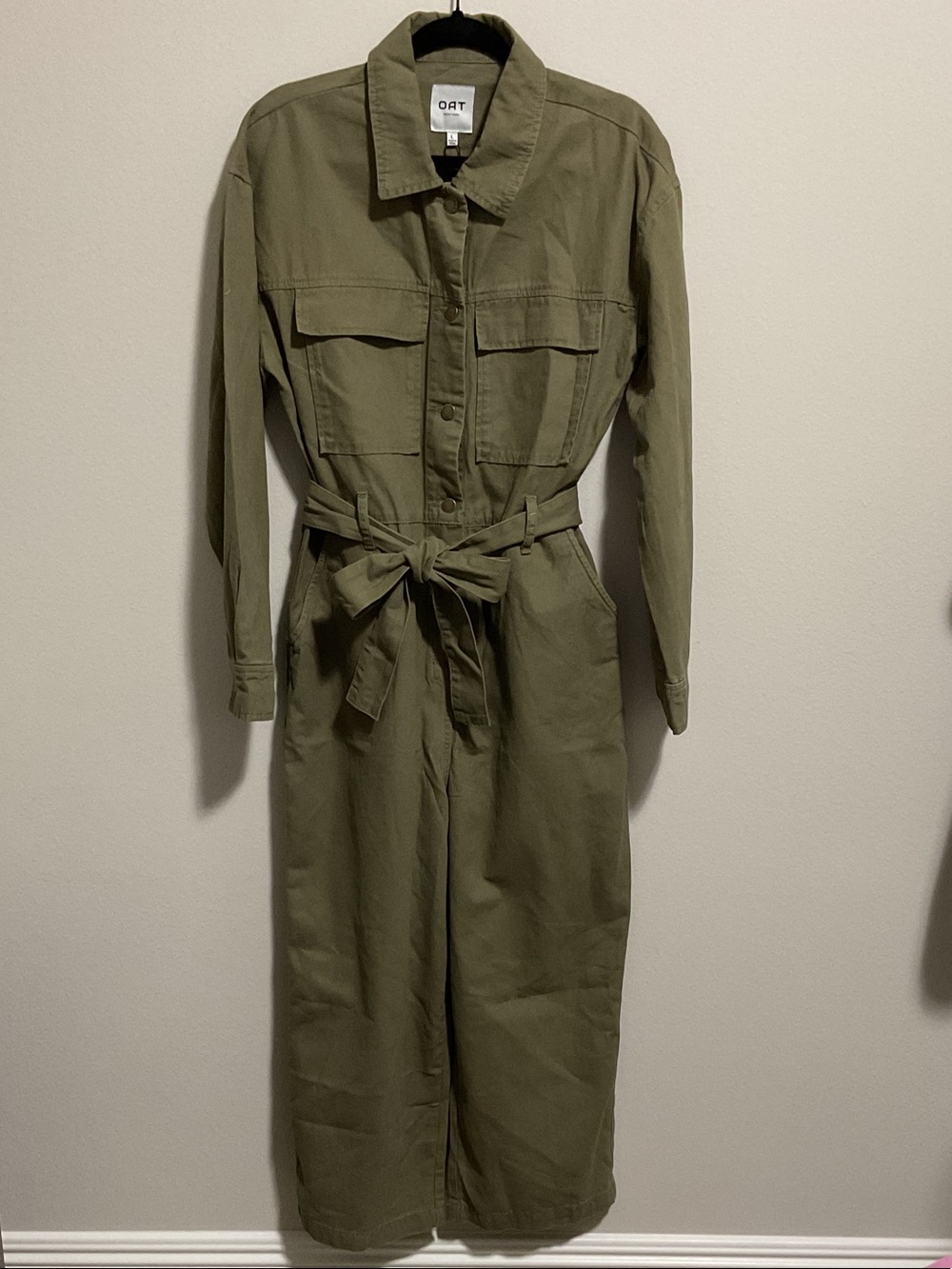 Oat New York- 100% Cotton- Twill Self Tie Belt- Cargo Utility Jumpsuit- Size L